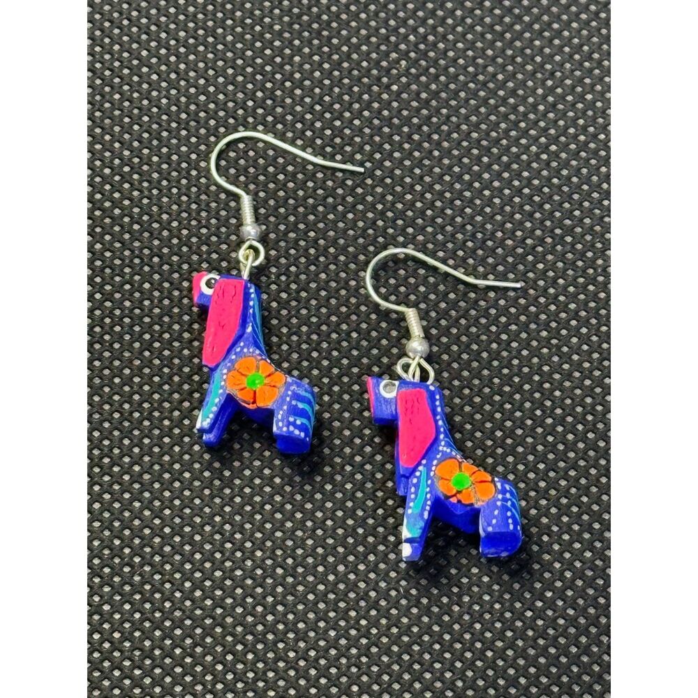 Blue Horse Alebrije Earrings Hand Carved Painted Wood Oaxaca Mexican Folk Art